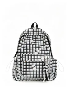 Cute checkered backpack with cartoon bear pattern and large capacity for students