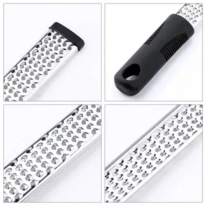 Stainless steel lemon zester grater close up detail view, black non-slip handle grip.