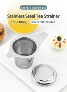 Stainless steel tea strainer with fine mesh filter and lid for brewing loose leaf tea.