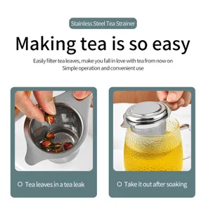 Stainless steel tea strainer with double handles for easy loose leaf tea brewing and filtering.