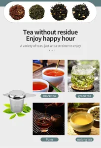 Detail view of stainless steel tea strainer showing fine mesh and various tea brewing scenes.
