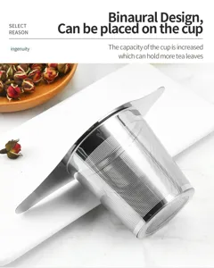 Stainless steel tea strainer detail showing fine mesh and binaural design for cups.