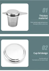 Stainless steel tea strainer with convenient handles and lid for loose leaf tea filtering brewing.