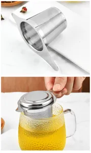 Stainless steel tea strainer detail showing fine mesh and double handles for easy tea brewing.