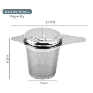 Stainless steel tea strainer with double handles and lid for loose leaf tea filtration.