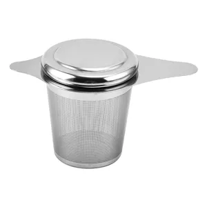 Stainless steel tea infuser basket with lid and double ears for loose leaf tea filtering.