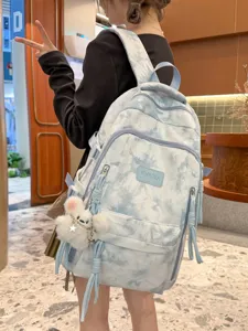 Teenage Student Schoolbag Tie-dye Rendering Contrast Color Large Capacity Multi-layer Backpack Fashion School Bag For Boys Girls Nylon Kids Backpack With Plush Pendant