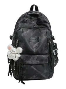 Professional black tie-dye large capacity school backpack with a cute white plush charm