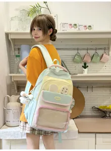 Zaino in nylon a contrasto pastello di grande capacità per studenti con ciondolo a coniglio.