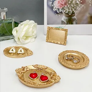 European Vintage Resin Jewelry Tray Gold Baroque Relief Decorative Display Plate Storage Tray Home Decor Photo Props