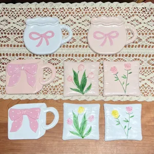 Resin bow jewelry dish and floral coaster set, cute home decorative tray for table.