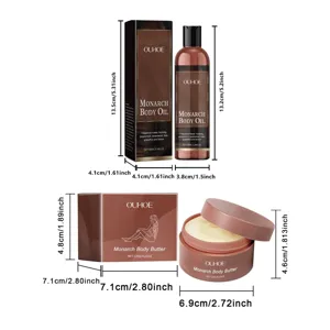 OUHOE Monarch body oil and butter detail with dimensions, 100ml/120g daily moisturizing skin care set.