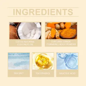 Turmeric body scrub natural ingredients detail showing coconut oil, turmeric, and sea salt.