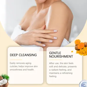 Detail view of turmeric body scrub application, highlighting natural exfoliating effects.