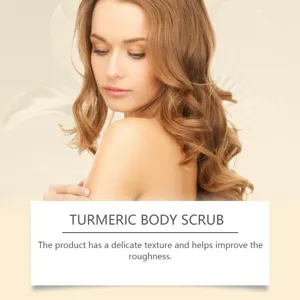 Turmeric body scrub detail showing model and smoothing skincare benefits for smooth skin.