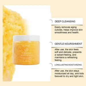 Detail view of turmeric body scrub jar, showing rich scrub texture and key features.
