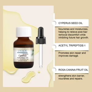 Olio di cura depilazione Cyperus Rotundus dettaglio con pipetta e caratteristiche.