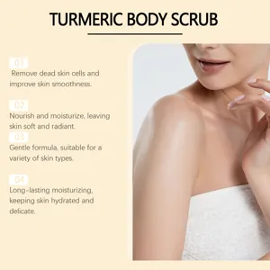 Turmeric body scrub detail showing gentle exfoliating and moisturizing benefits for smooth skin.