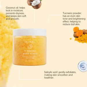 Detail view of turmeric body scrub jar, highlighting exfoliating ingredients and smooth texture.