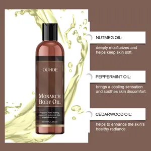 OUHOE monarch body oil detail showing natural plant extracts and 100ml moisturizing formula.