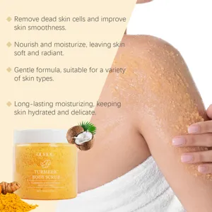 Turmeric body scrub detail showing creamy texture and smooth skin application effect.
