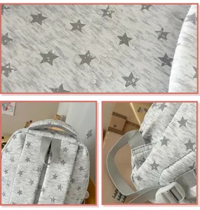 Detail shots of star pattern backpack showing waterproof fabric and adjustable straps