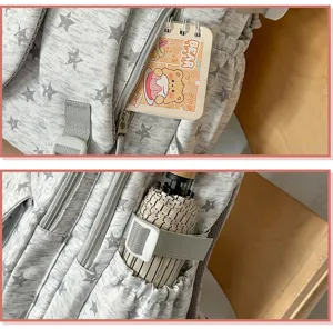 Detailed view of side pocket and front zipper compartment of a star pattern backpack