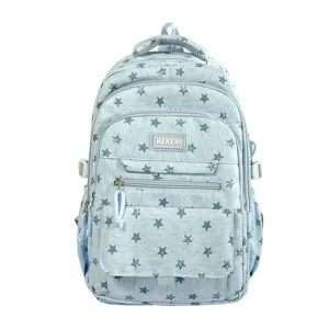 Light blue star pattern backpack for girls with large capacity schoolbag design
