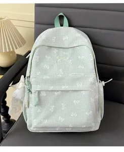 Sac à dos étudiant mignon à carreaux verts avec nœuds brodés et breloque en dentelle
