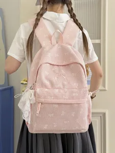 Sac à dos Harajuku rose à carreaux avec broderies de nœuds blancs et breloque en dentelle