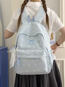 Sac à dos d'école bleu vichy style Harajuku avec broderies de nœuds blancs mignons