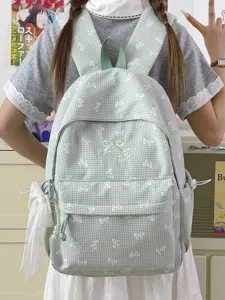 Sac à dos Harajuku vert à carreaux avec motifs nœuds blancs et charme en dentelle
