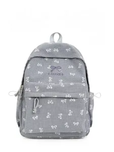 Sac à dos japonais style Harajuku à carreaux gris avec motifs de nœuds blancs et broderie