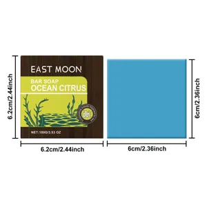 Vue détaillée de la taille et de l'emballage du savon aux agrumes montrant les dimensions.