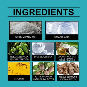 Graphique détaillé des ingrédients pour le savon de bain avec des huiles naturelles.