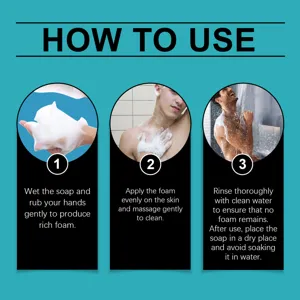Image de guide d'utilisation de savon de bain à la noix de coco avec étapes de nettoyage.