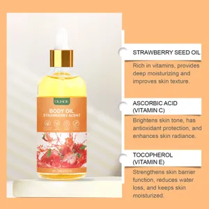 OUHOE strawberry body oil detail showing natural seed oil and vitamin c formula for skin.
