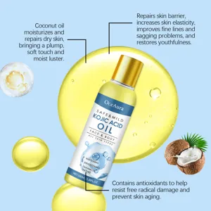Detail view of OceAura kojic acid face and body oil showcasing hydrating coconut and oil texture.