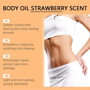 Strawberry body oil detail showing moisturizing skin benefits and smooth texture application.