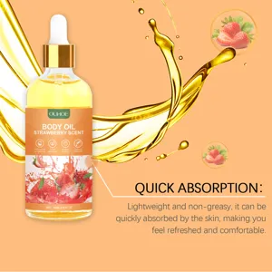 Detailed view of strawberry body oil dropper bottle with refreshing texture and fruit scent.