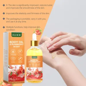 Strawberry body oil detail view showing moisturizing and nourishing skincare application.
