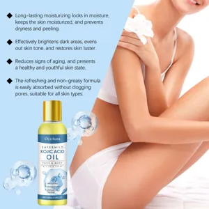 OceAura kojic acid body oil provides deep hydration, brightens dark areas, and improves skin texture.