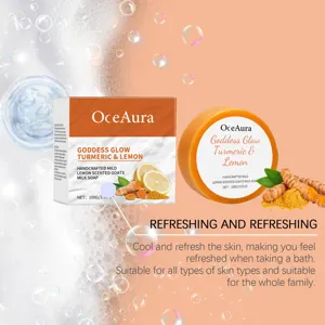 Close-up view of OceAura turmeric lemon soap showing natural ingredients and smooth texture.