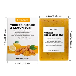 Savon curcuma kojique et citron OCEAURA avec boîte d'emballage et dimensions pour la peau.