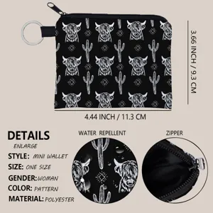 Details of portable coin purse with Highland cow pattern showing material and zipper