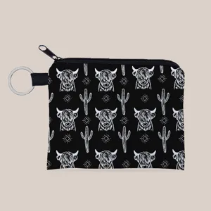 Small fabric coin purse with digital print highland cow and cactus pattern and key ring