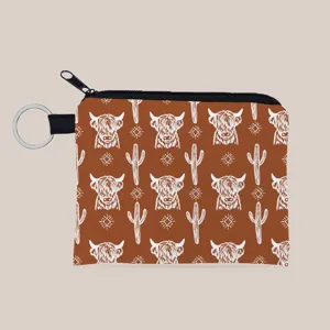 Western style highland cow and cactus print coin purse fabric pouch with metal keyring