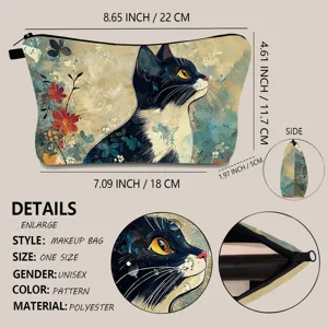 Detail view of cute cat print makeup bag showing dimensions and polyester material info
