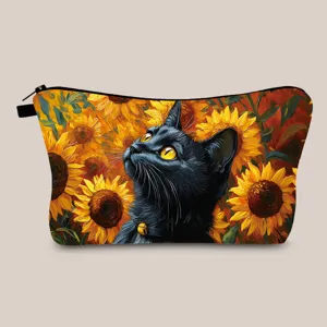 Close-up detail of the artistic cat and sunflowers print on the toiletry bag