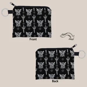 Highland cow and cactus print coin pouch with keychain, front and back views